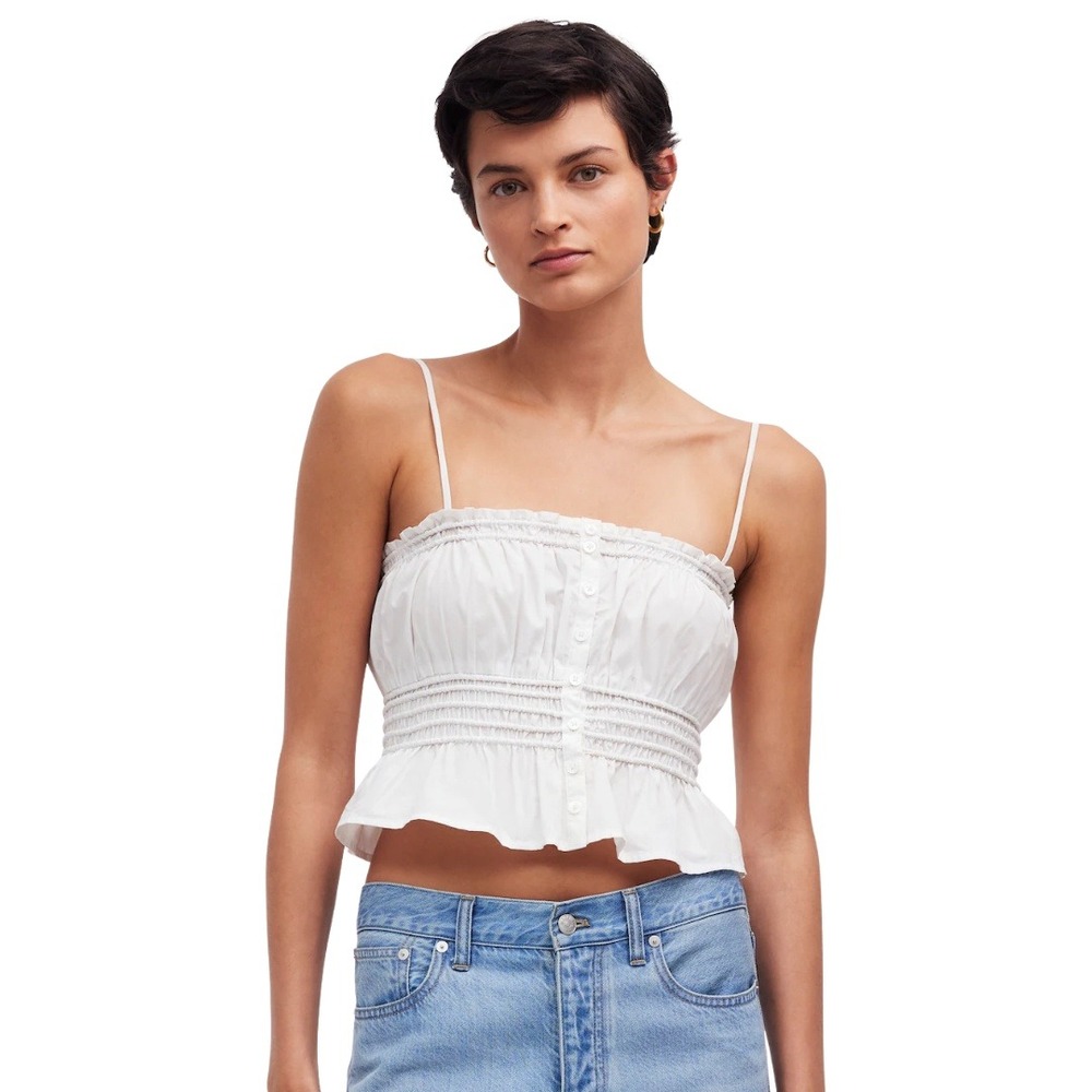 Madewell Top Womens Small White Smocked Button Front Cami Poplin Cotton Ruffle
